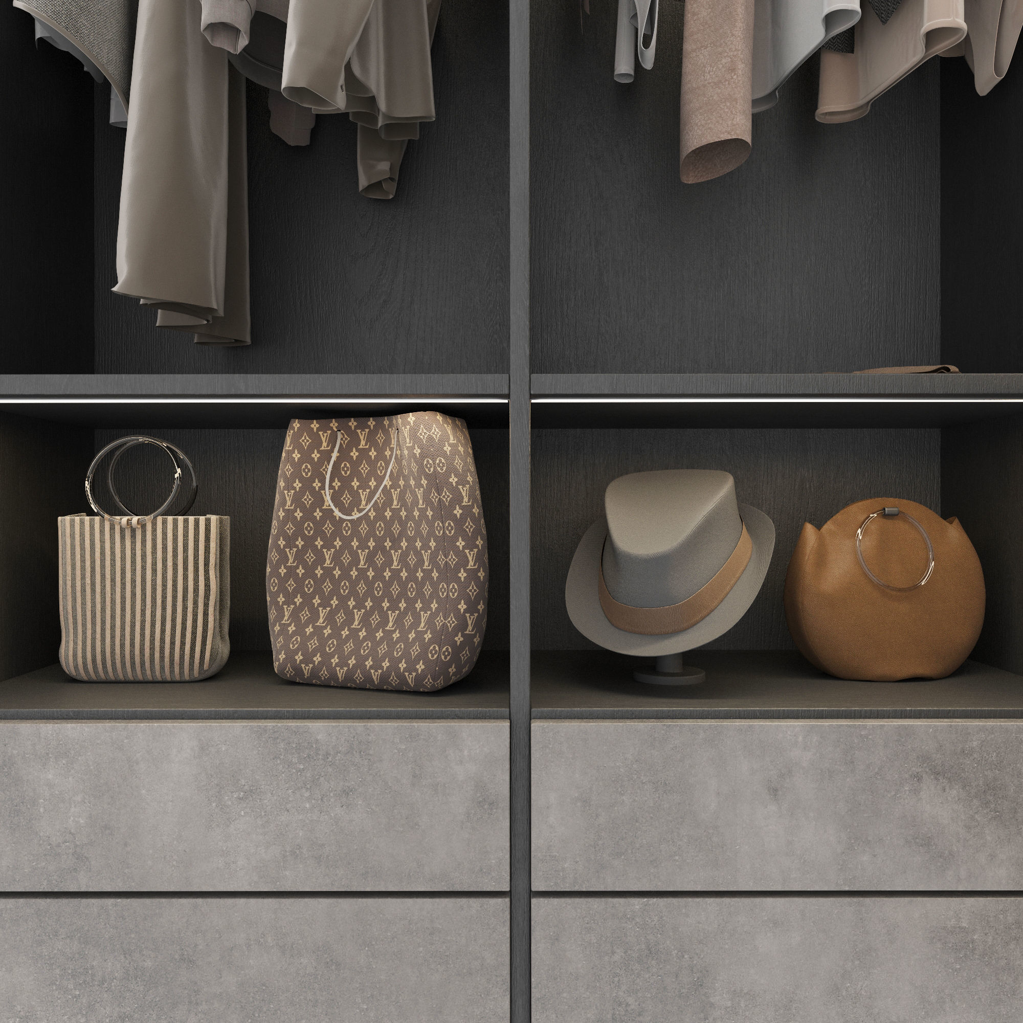 Wardrobe walk in closet with clothes and accessories 3D model_5