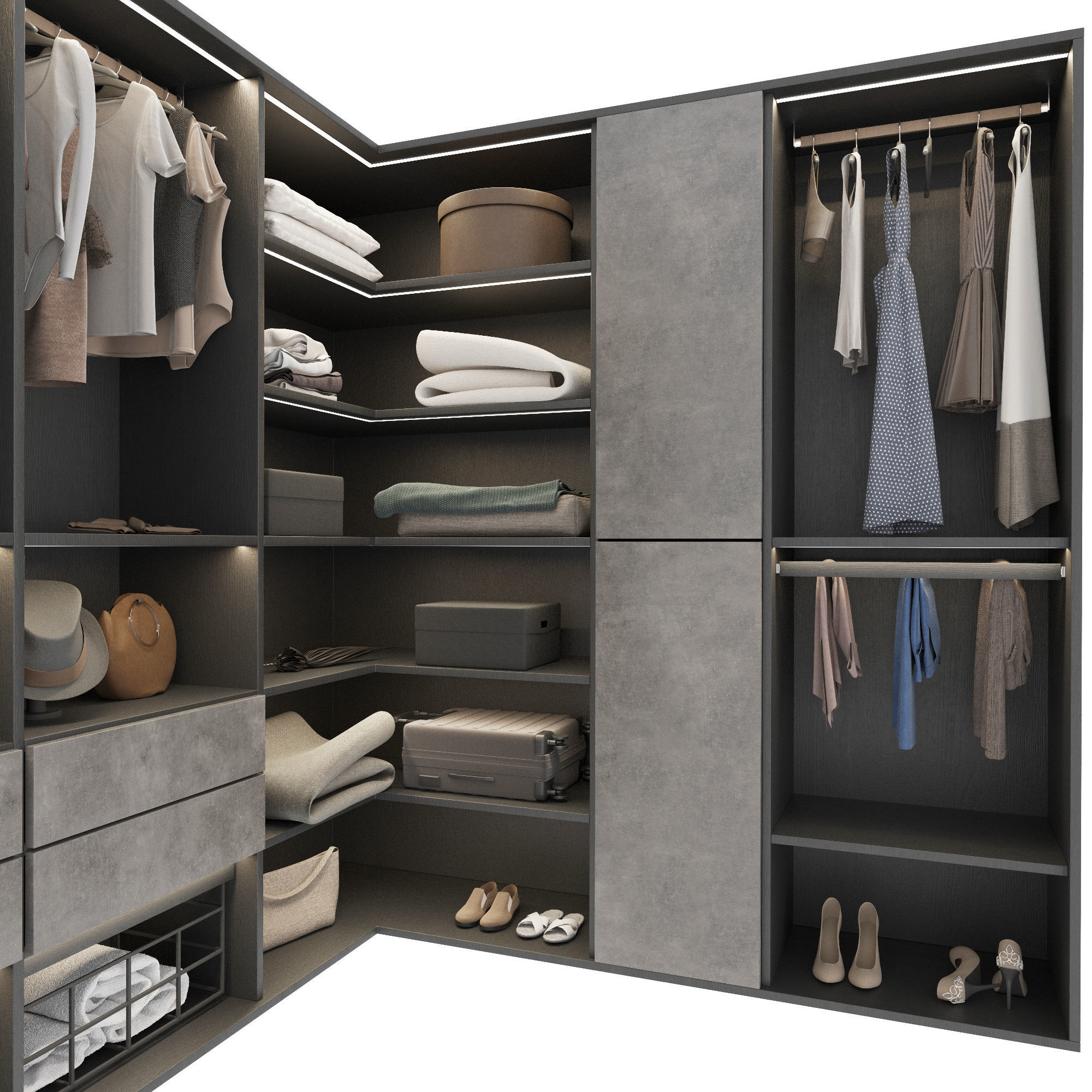 Wardrobe walk in closet with clothes and accessories 3D model_3