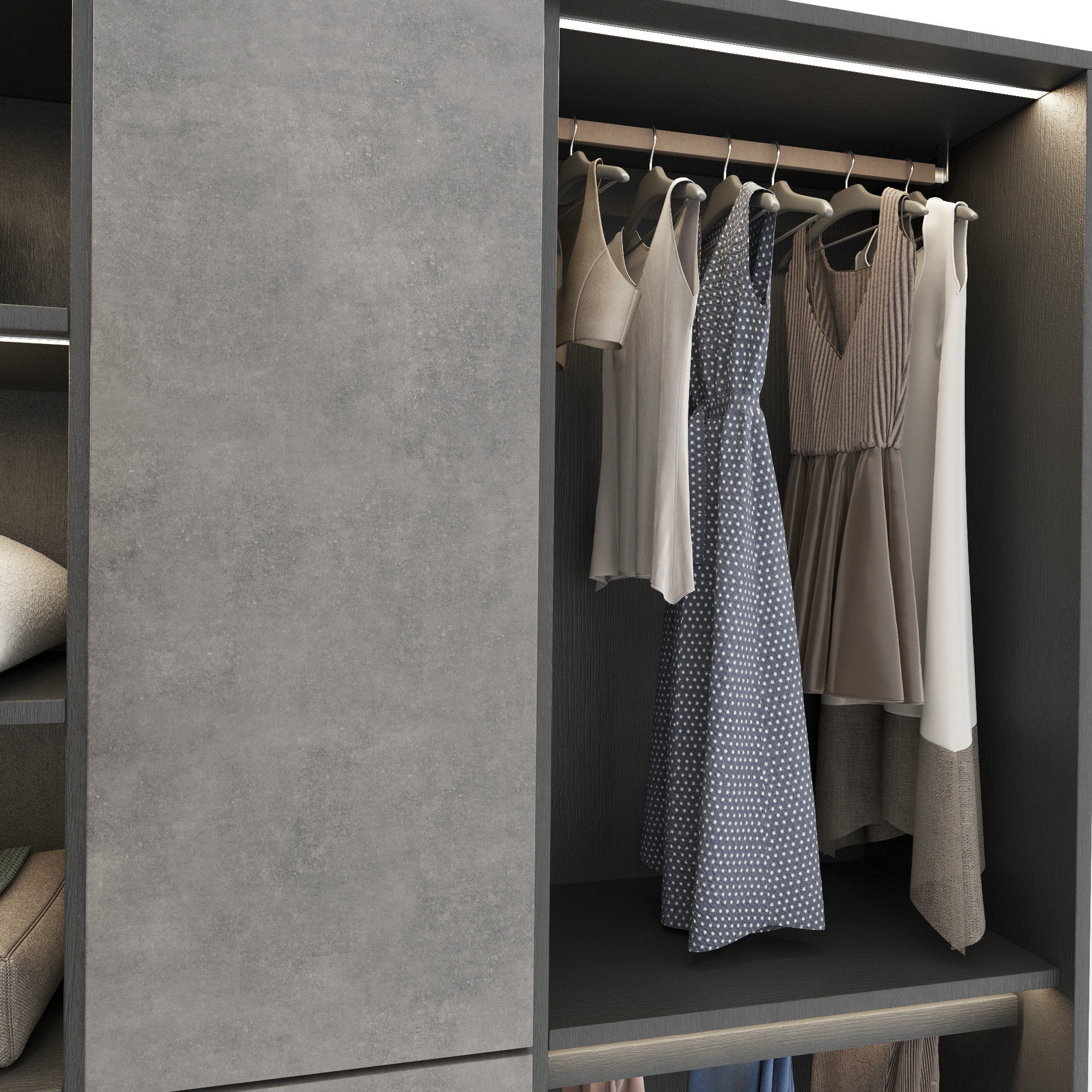 Wardrobe walk in closet with clothes and accessories 3D model_7
