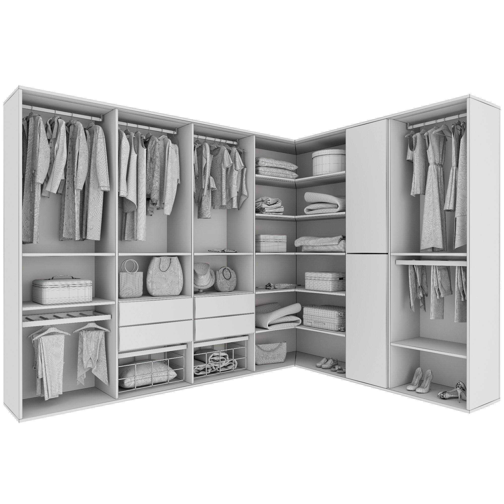 Wardrobe walk in closet with clothes and accessories 3D model_8