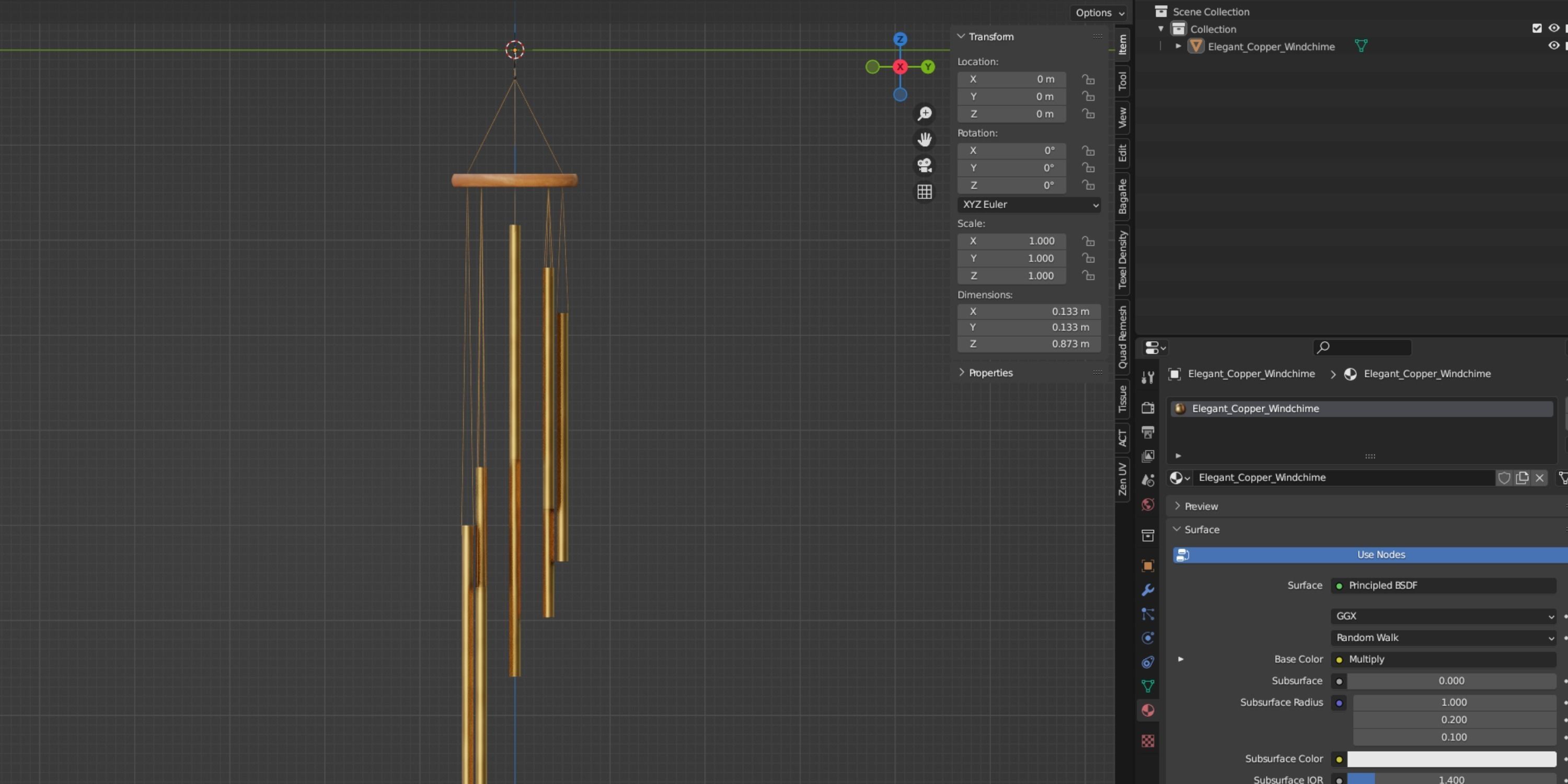 Elegant Copper Windchime Low-poly 3D model_3
