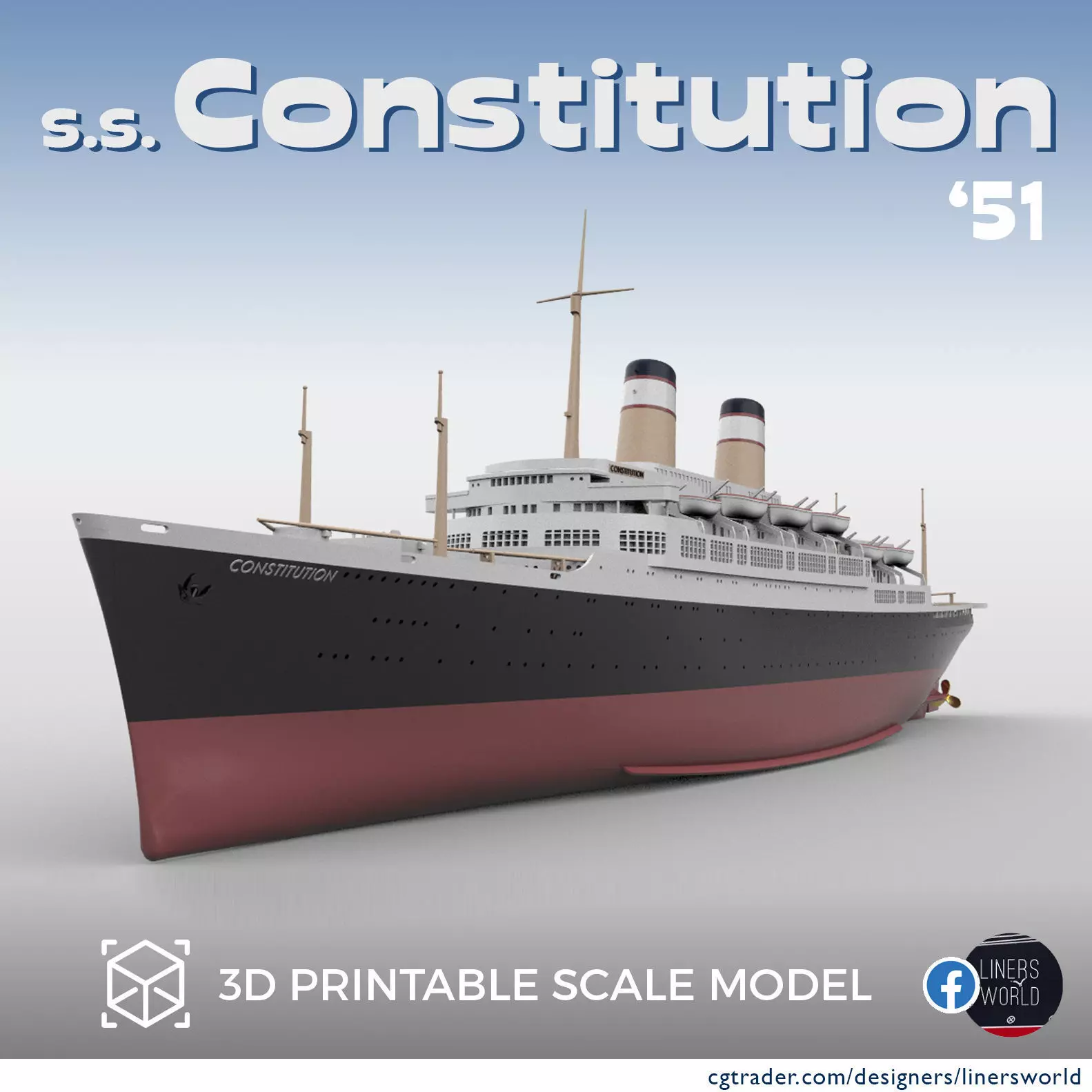 SS Constitution ocean liner cruise ship printable model 1951  3D print model_0
