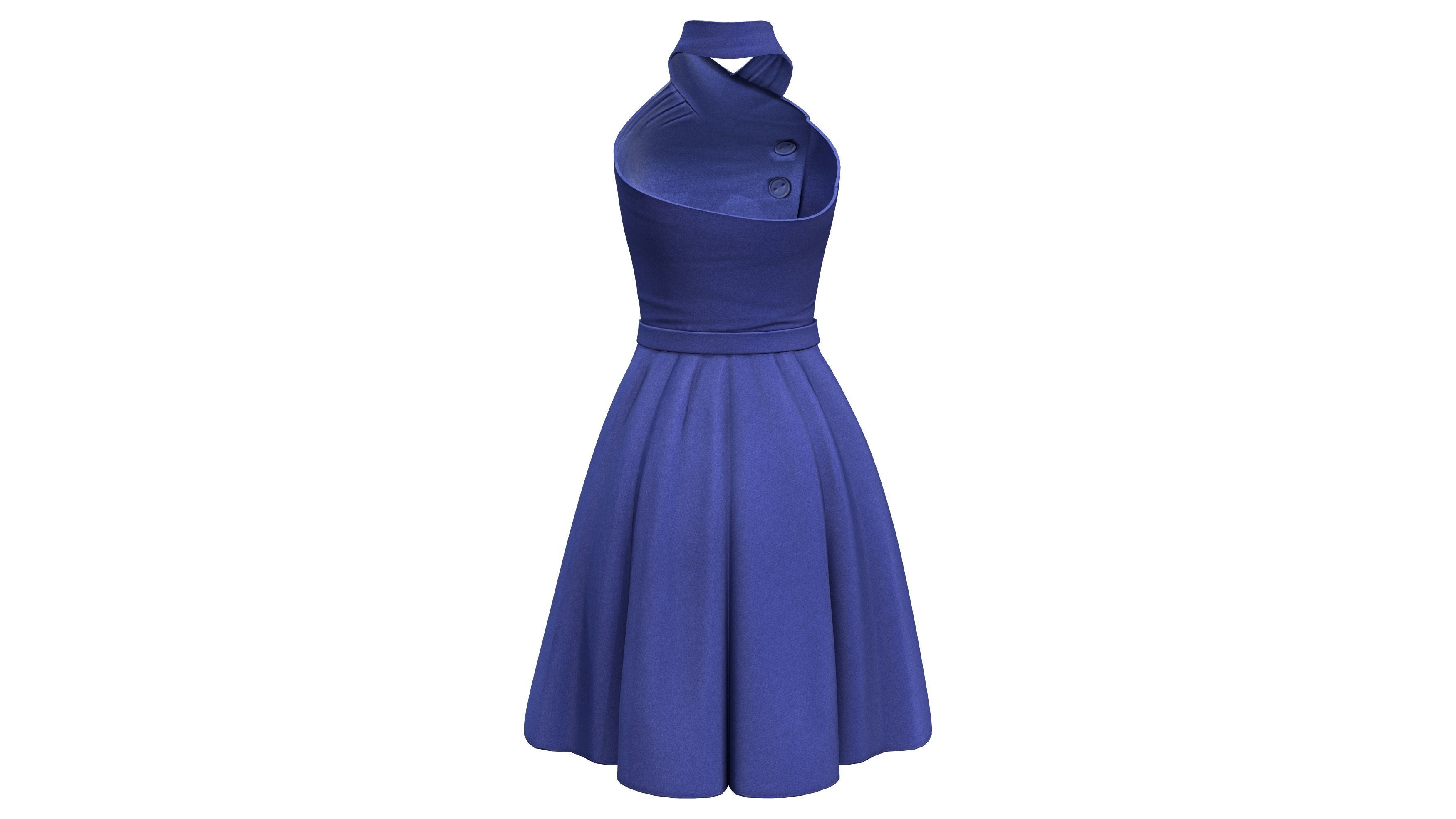 Female Retro Vintage Blue Halter Dress Low-poly 3D model_5