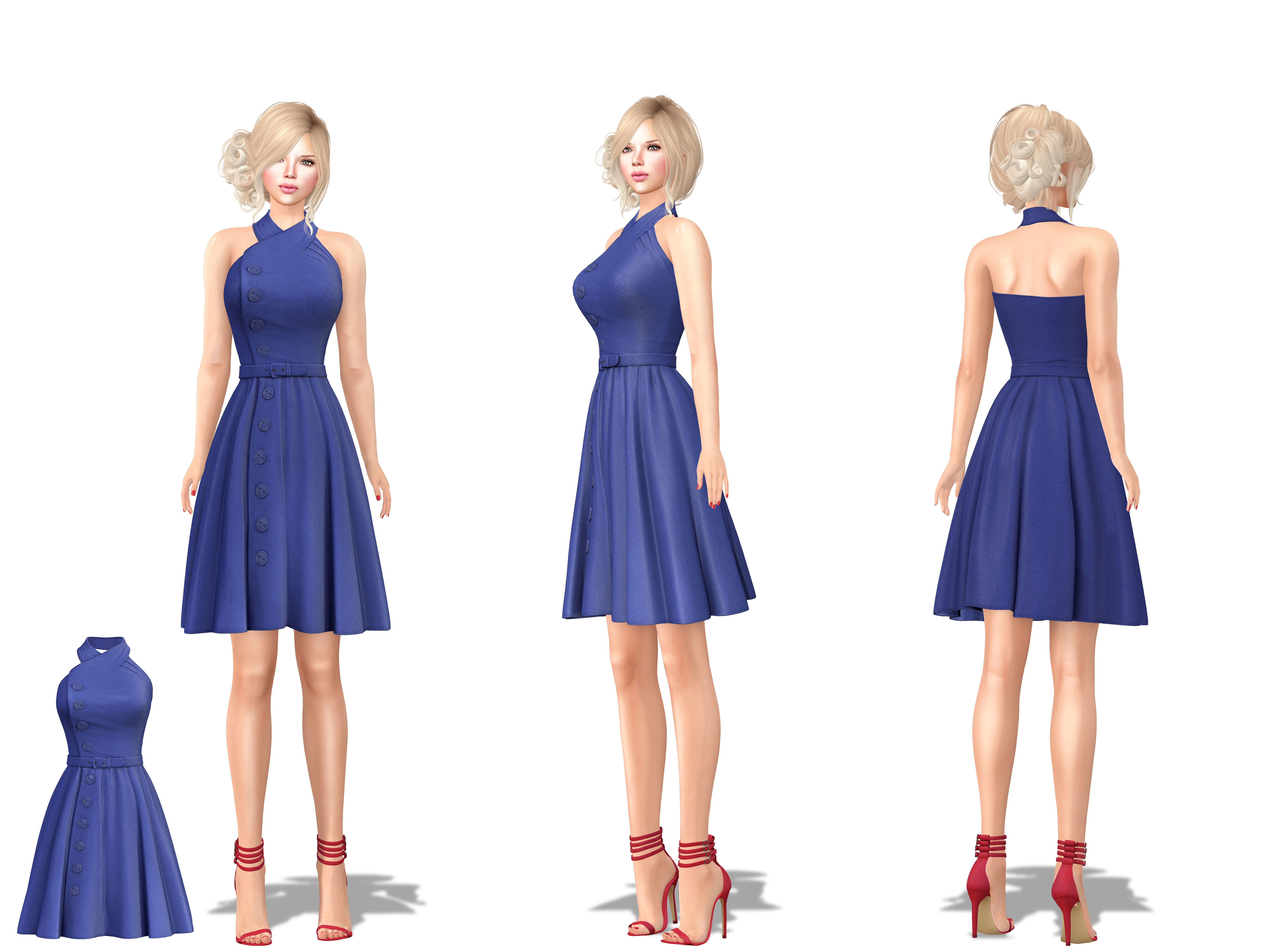 Female Retro Vintage Blue Halter Dress Low-poly 3D model_2