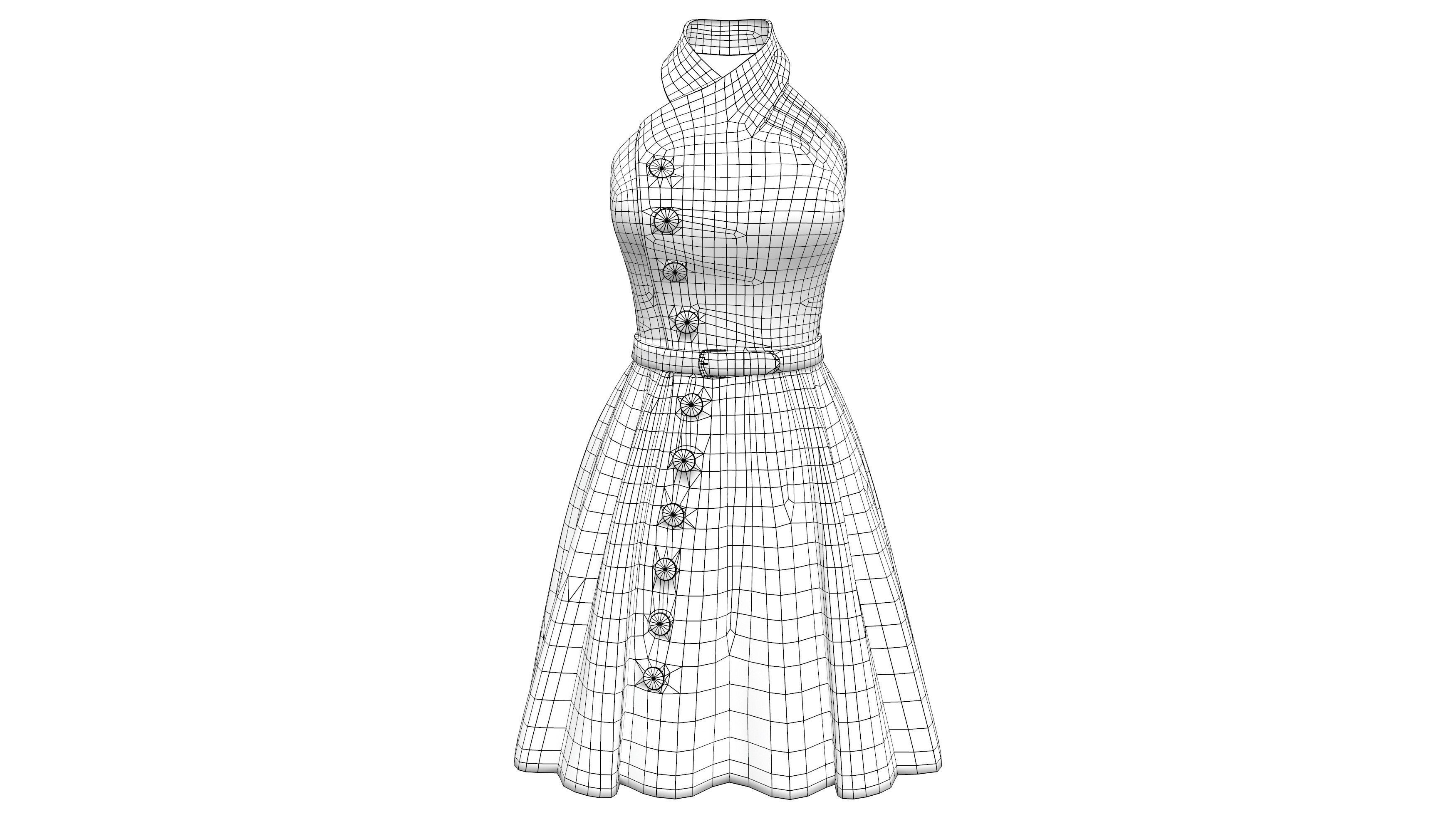 Female Retro Vintage Blue Halter Dress Low-poly 3D model_6
