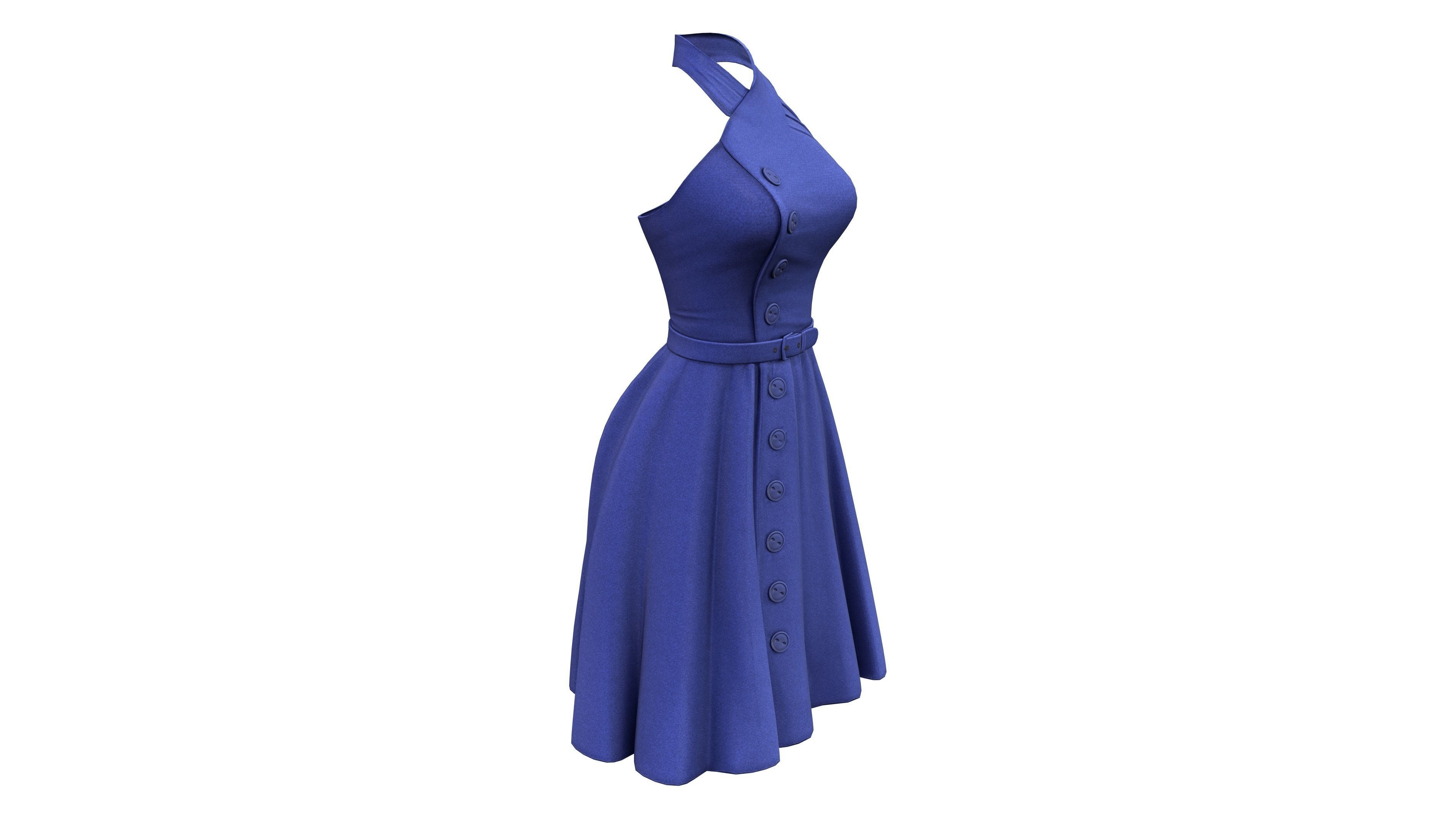 Female Retro Vintage Blue Halter Dress Low-poly 3D model_3