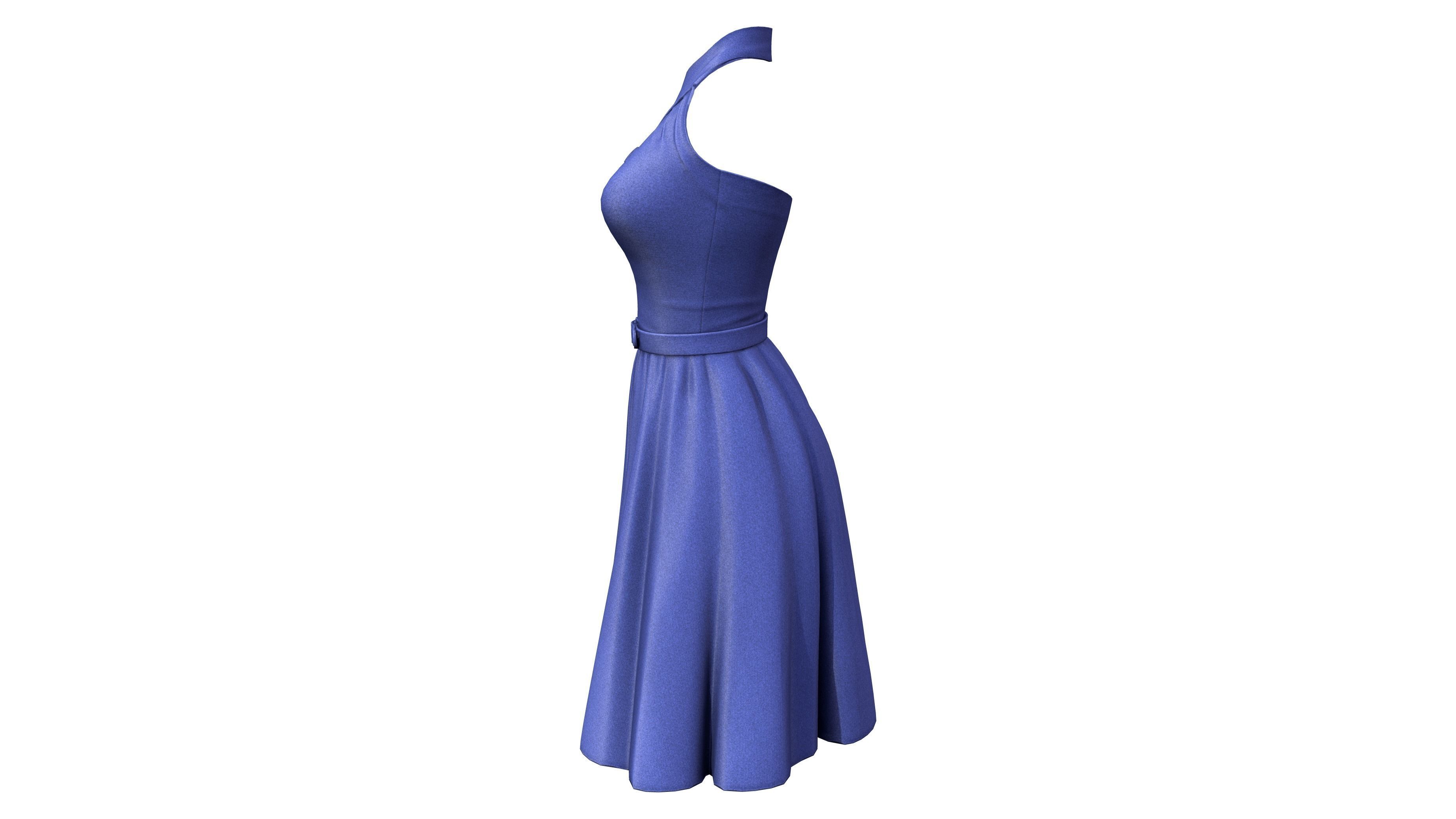 Female Retro Vintage Blue Halter Dress Low-poly 3D model_4