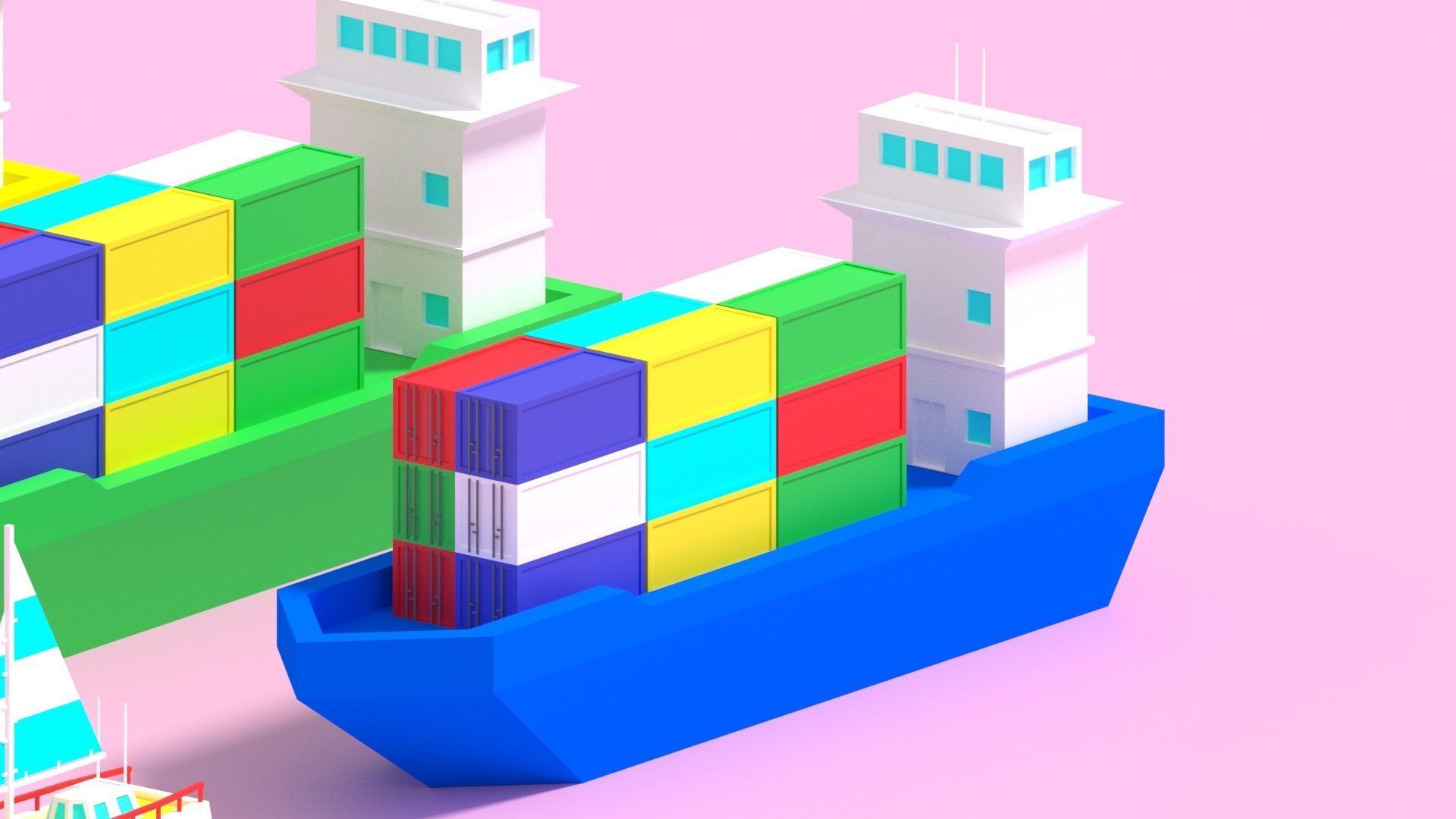 Cartoon Container Ship Yacht Sail Boat Low-poly 3D model_3