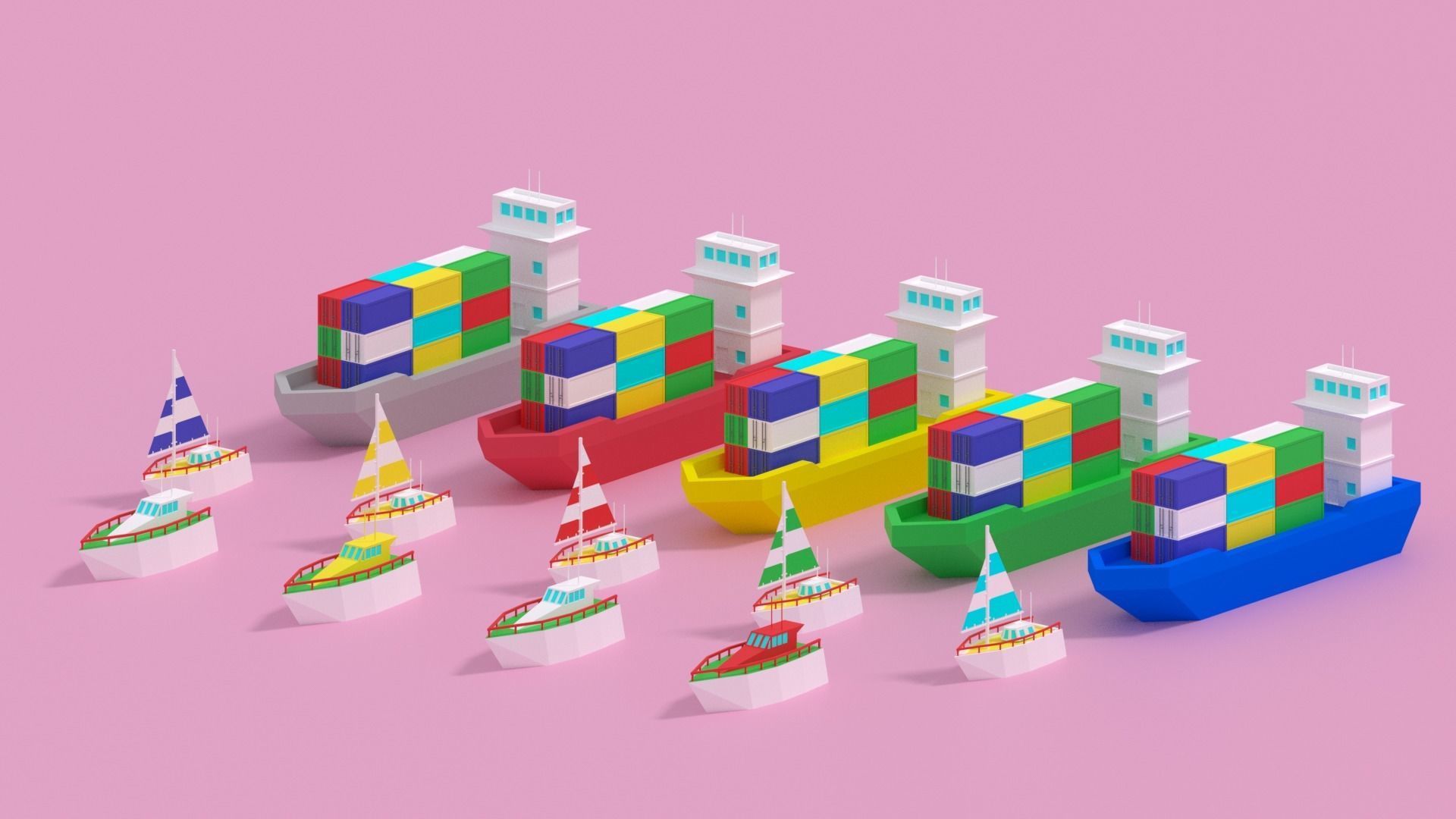 Cartoon Container Ship Yacht Sail Boat Low-poly 3D model_10