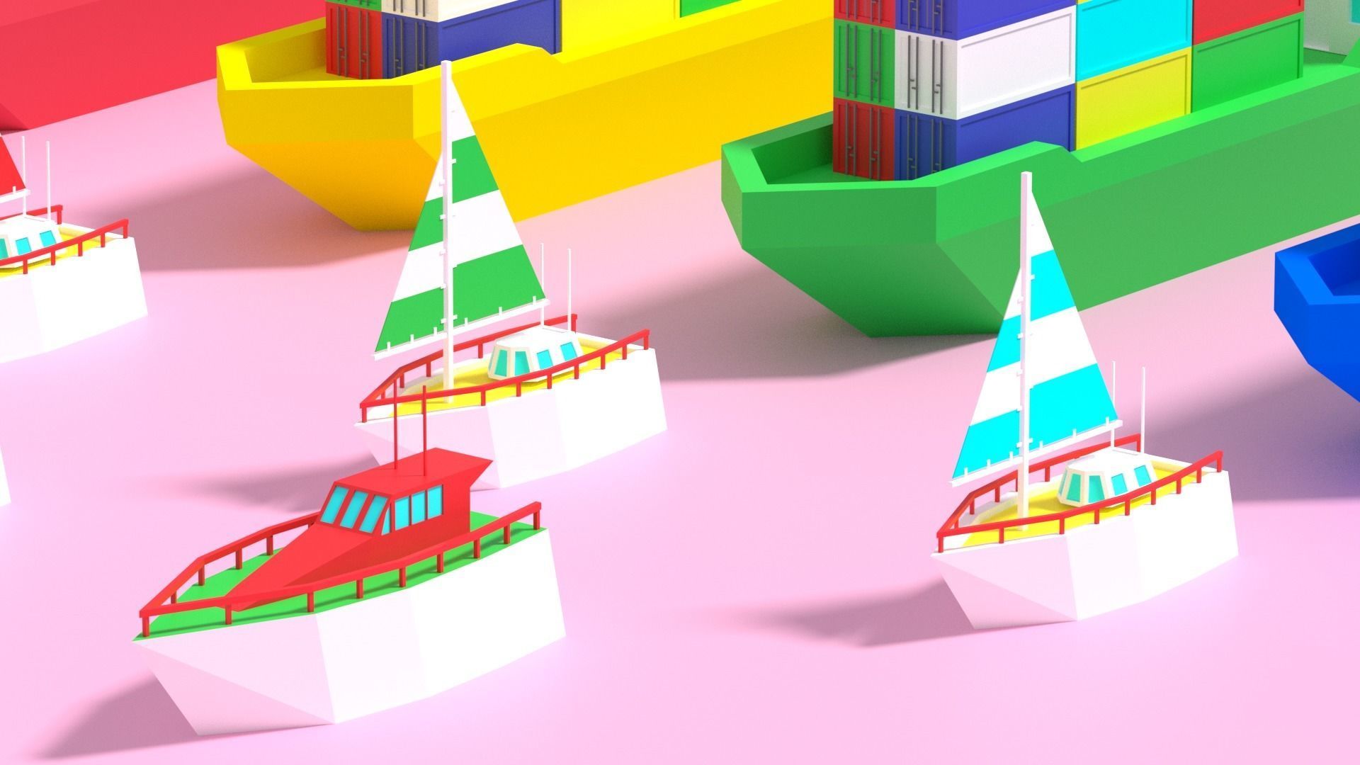 Cartoon Container Ship Yacht Sail Boat Low-poly 3D model_6