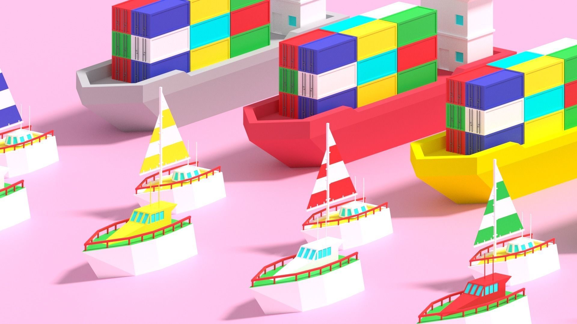 Cartoon Container Ship Yacht Sail Boat Low-poly 3D model_8