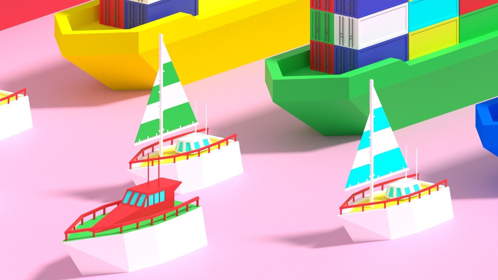 Cartoon Container Ship Yacht Sail Boat Low-poly 3D model_5
