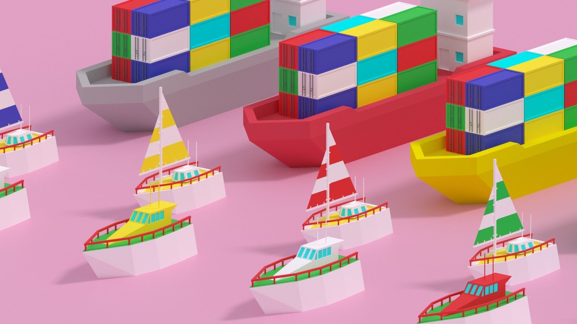 Cartoon Container Ship Yacht Sail Boat Low-poly 3D model_9