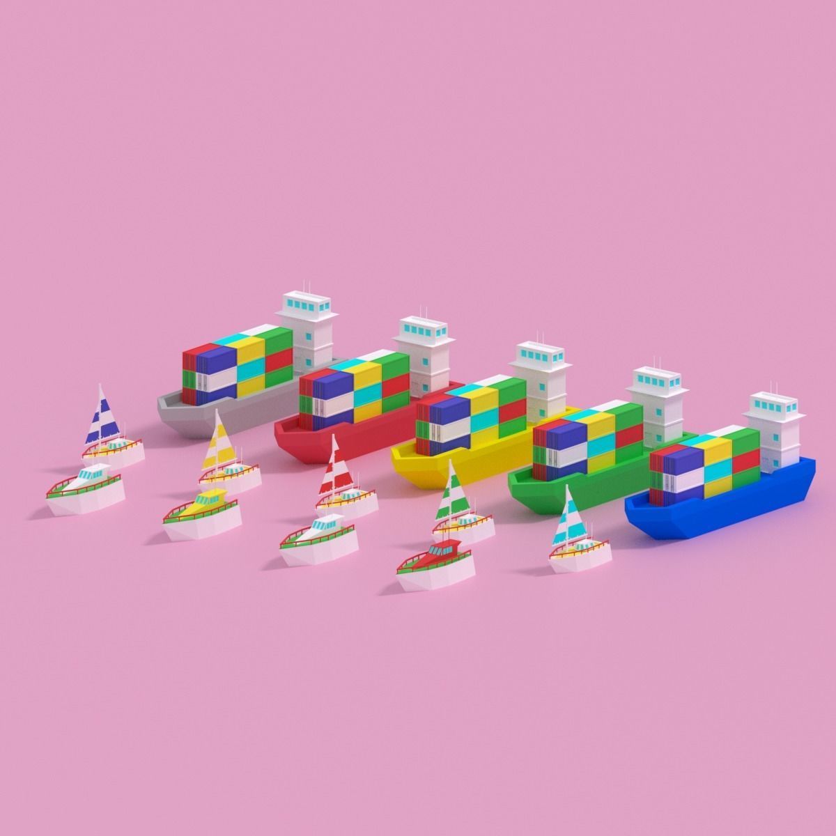 Cartoon Container Ship Yacht Sail Boat Low-poly 3D model_12