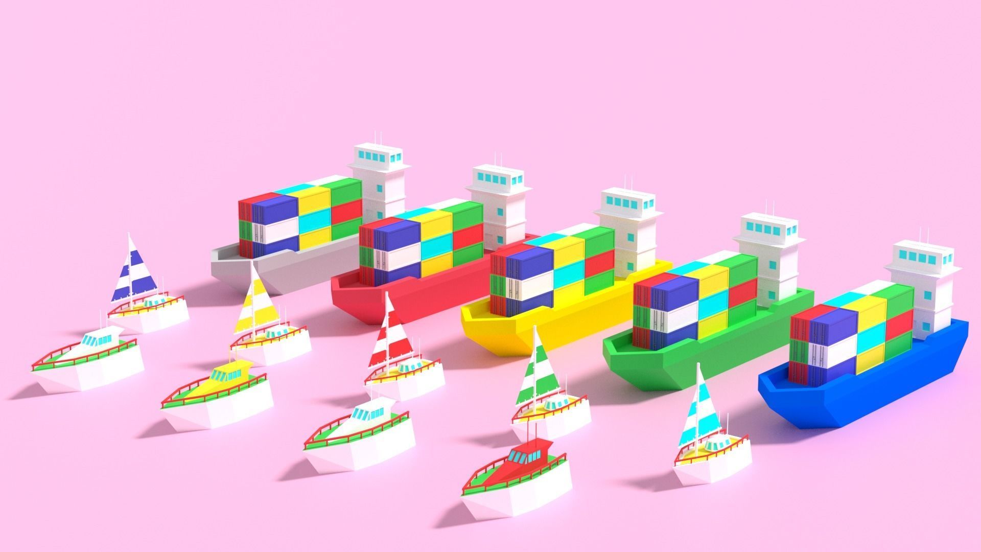 Cartoon Container Ship Yacht Sail Boat Low-poly 3D model_1