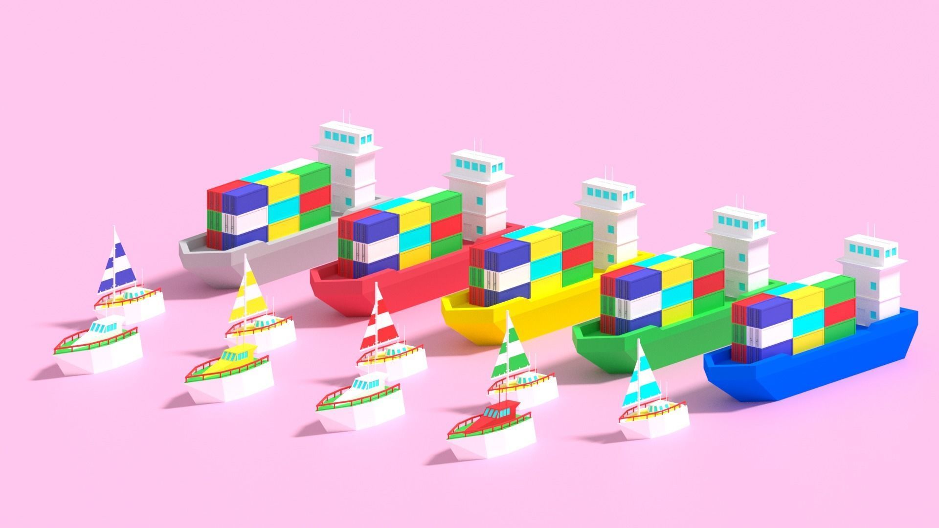 Cartoon Container Ship Yacht Sail Boat Low-poly 3D model_2