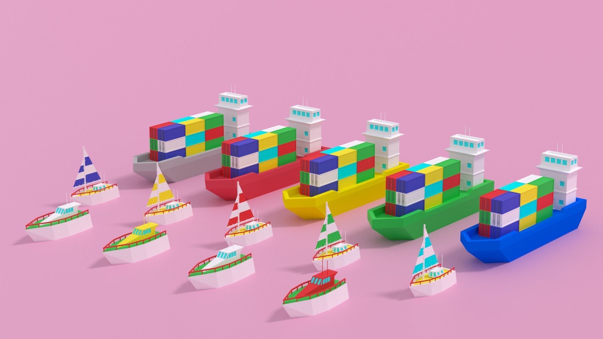 Cartoon Container Ship Yacht Sail Boat Low-poly 3D model_11