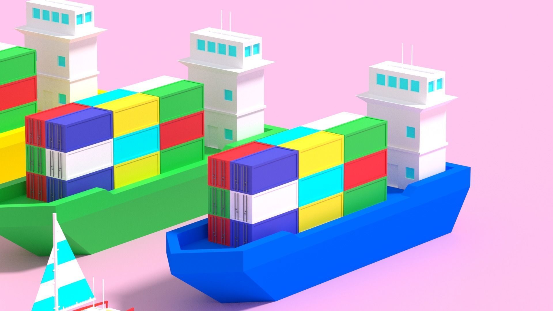 Cartoon Container Ship Yacht Sail Boat Low-poly 3D model_4