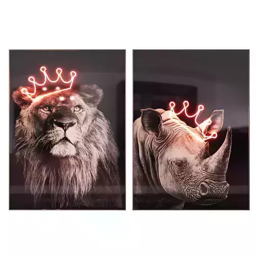 Lion and Rhino posters with neon 3D model