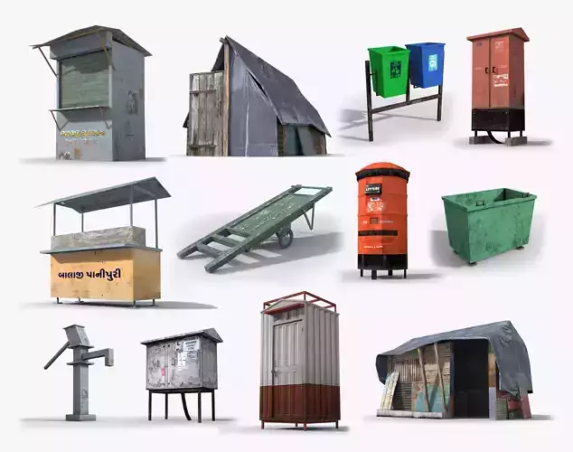 12 Slum elements Collection Low-poly 3D model