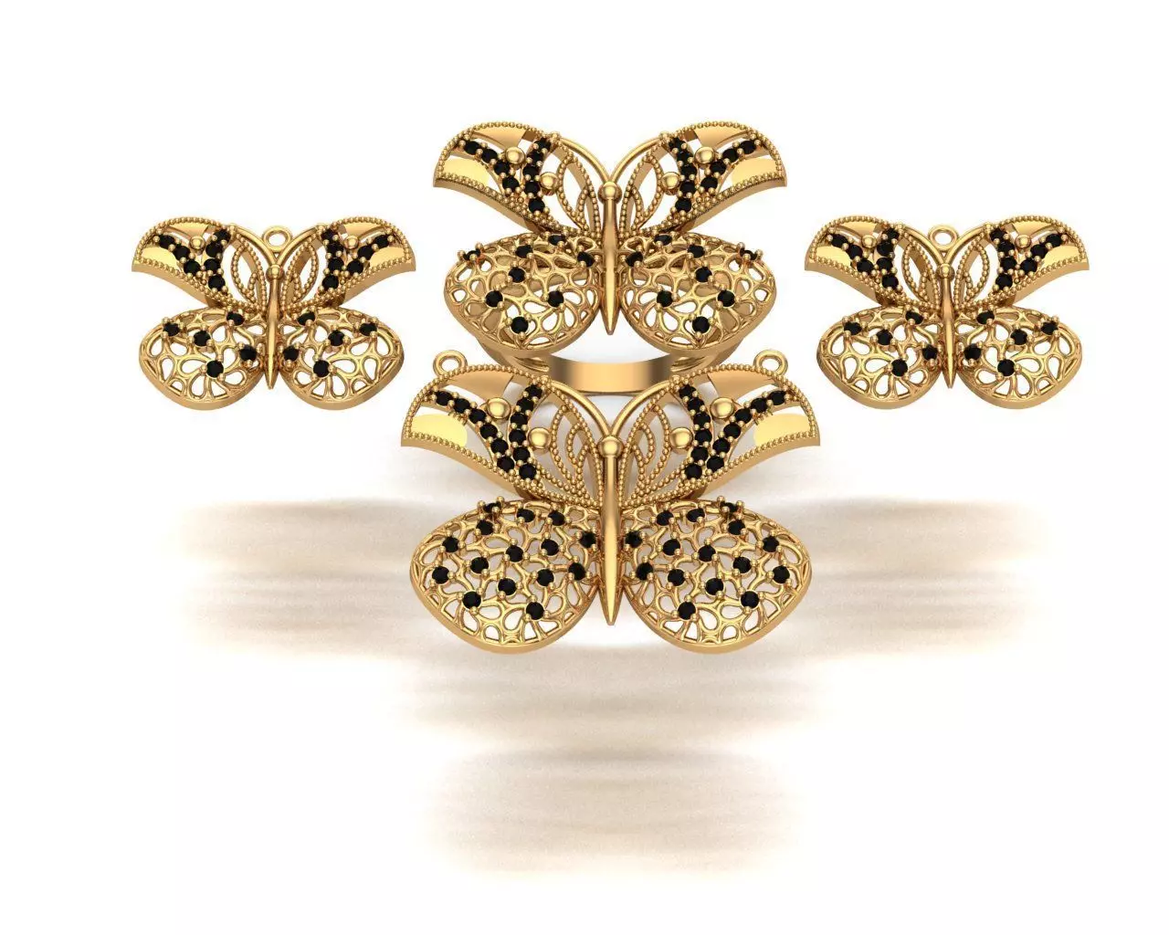 Jewelry butterfly ring set gold with diamonds 3D print model