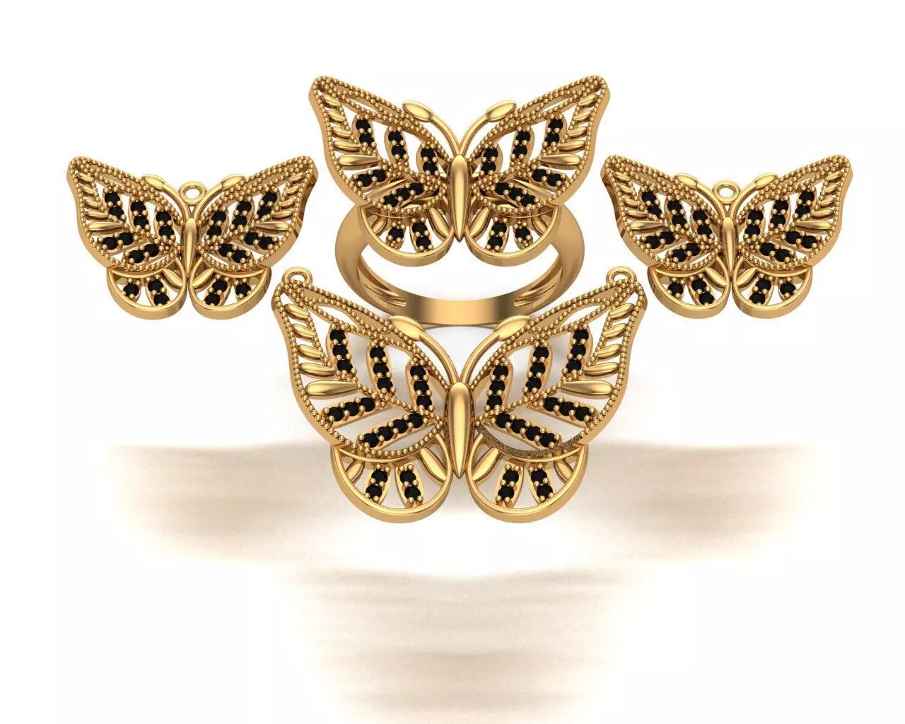 Jewelry gold butterfly ring set 3D print model_0