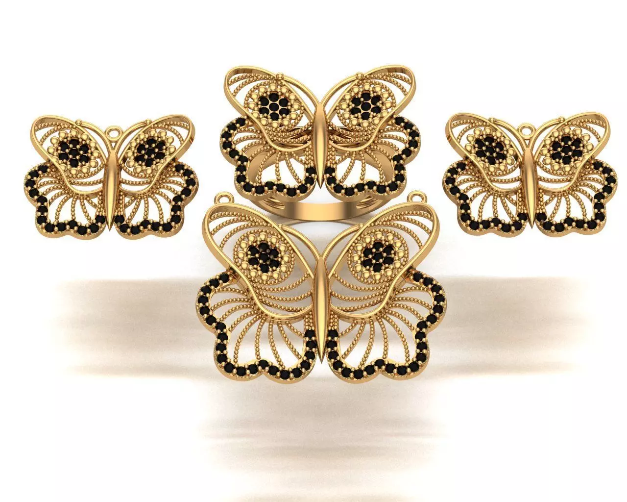 Jewelry gold butterfly ring set with diamonds 3D print model_0
