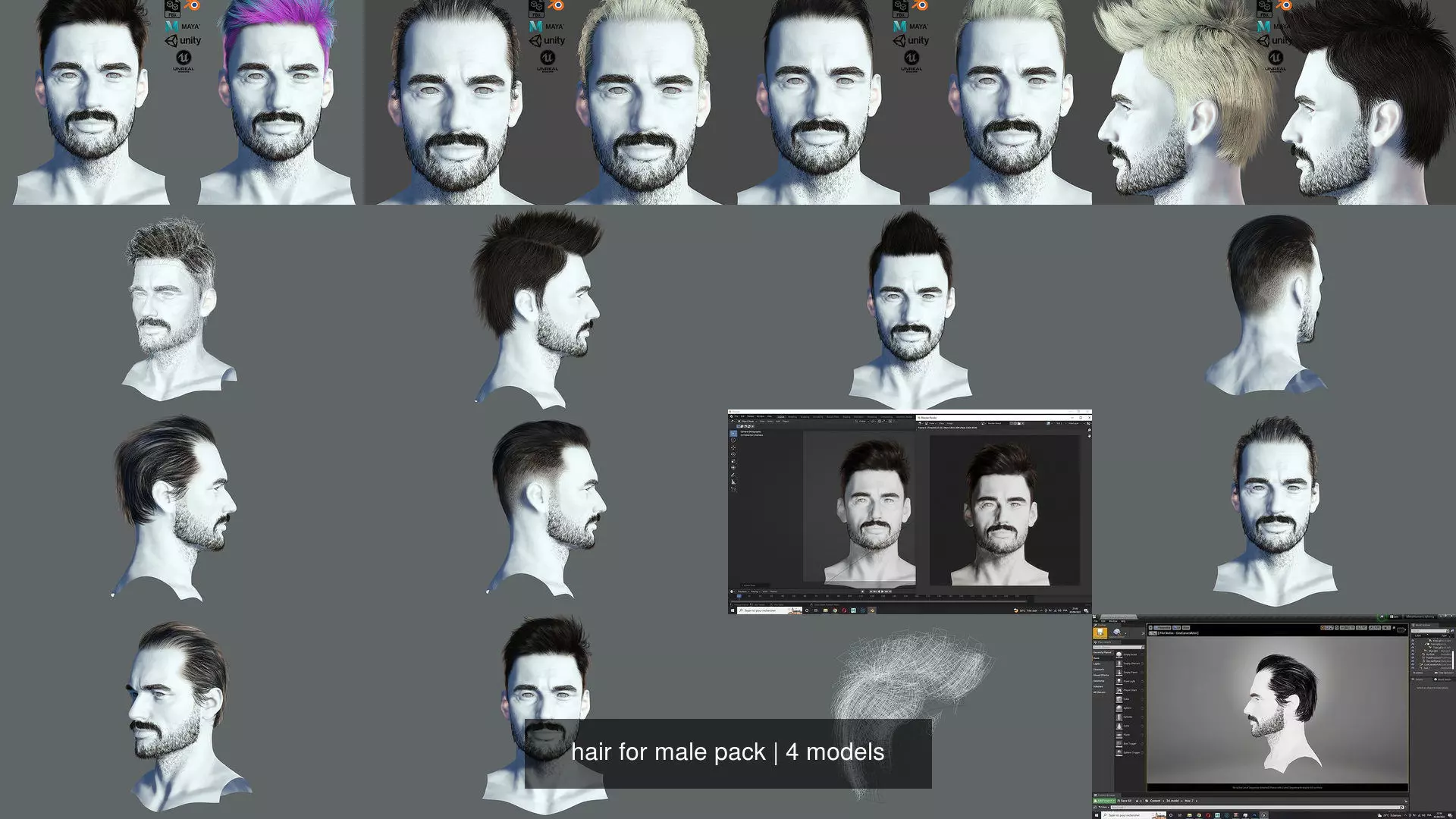 hair for male pack 3D Model Collection_1