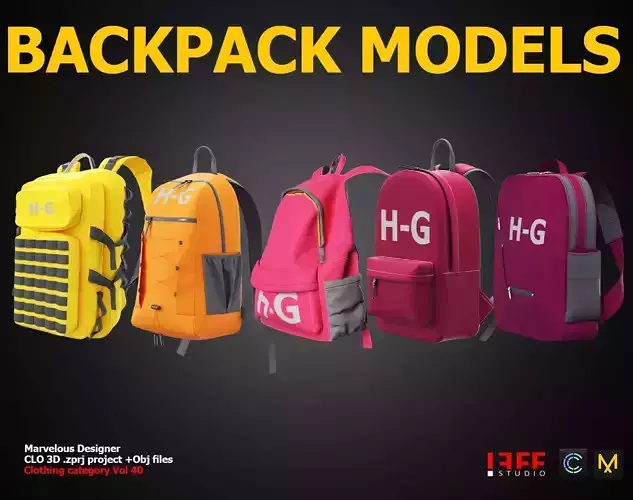 5 Backpack models Marvelous designer Low-poly 3D model