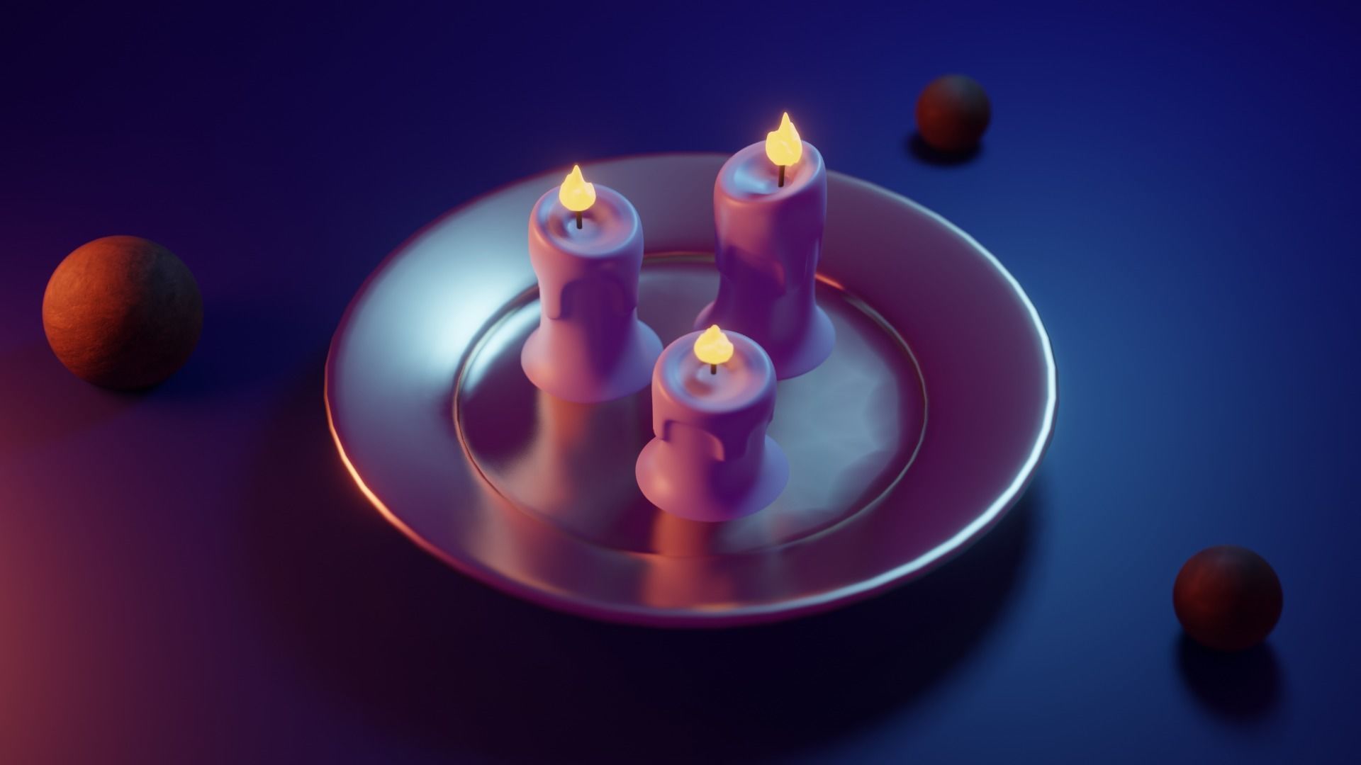 Candles three lit on silver plate Free low-poly 3D model_1