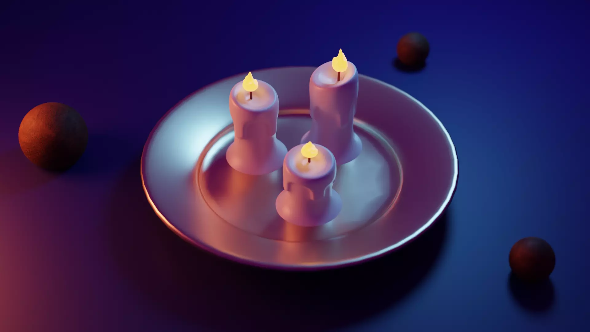 Candles three lit on silver plate Free low-poly 3D model_0