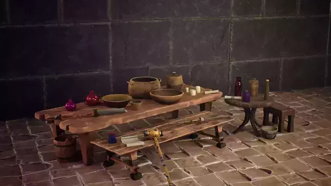 Stylized utensils potion bottles and weapons