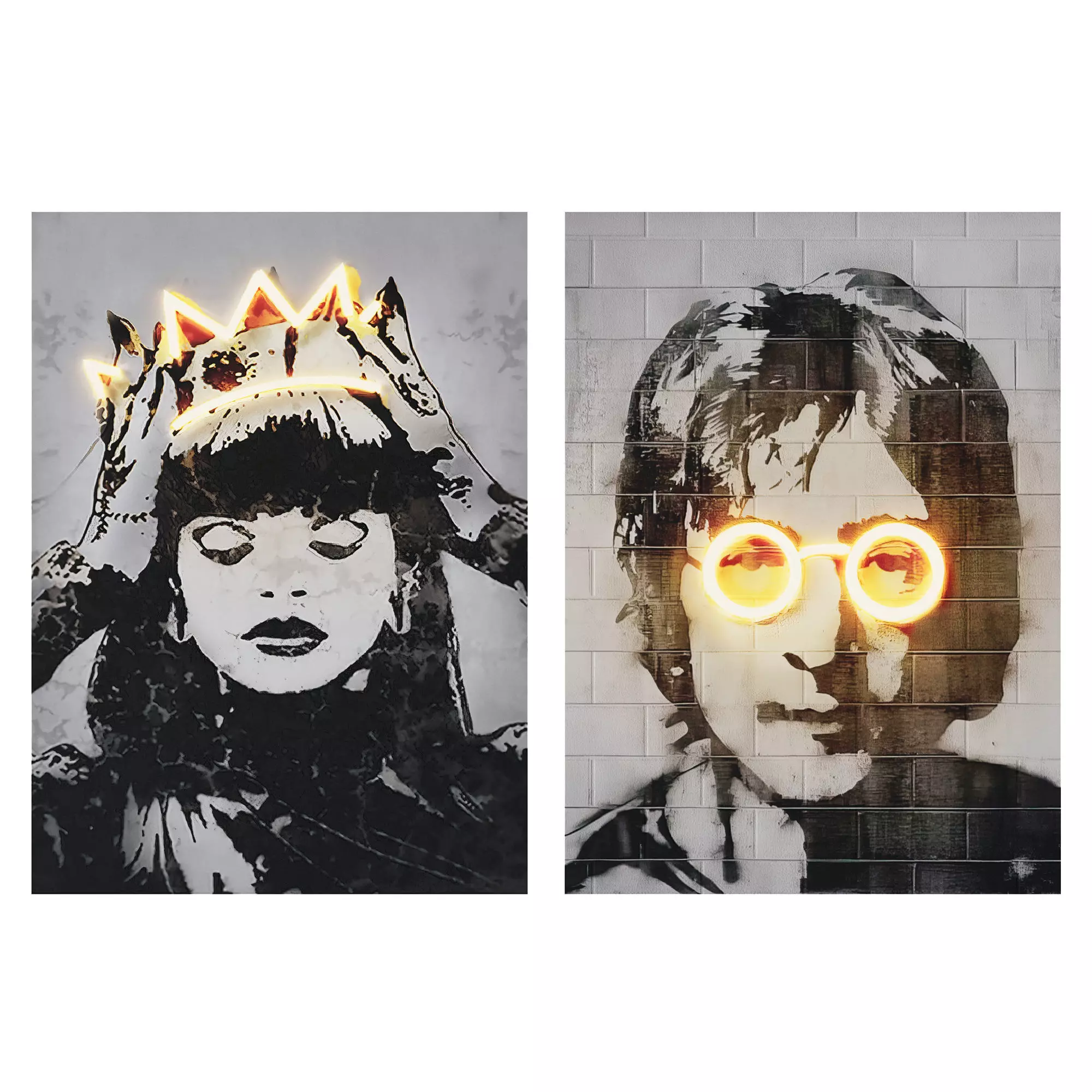 Rihanna and John Lennon posters with neon 3D model