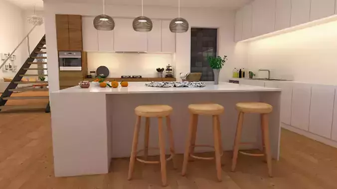 3D Model Kitchen with wooden floors and stools