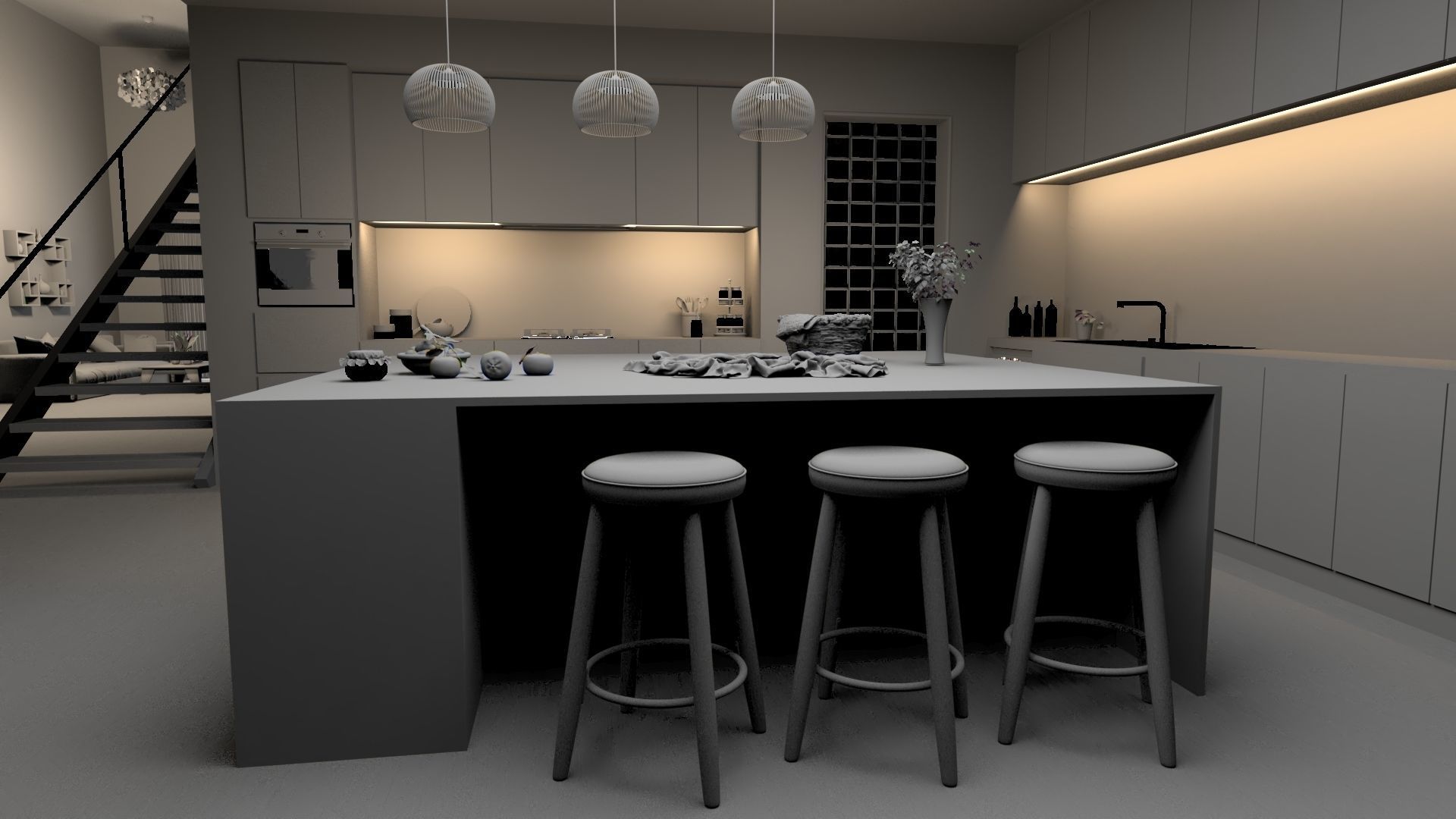 3D Model Kitchen with wooden floors and stools 3D model_1