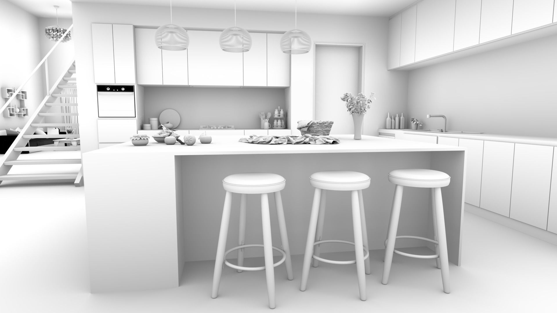 3D Model Kitchen with wooden floors and stools 3D model_2