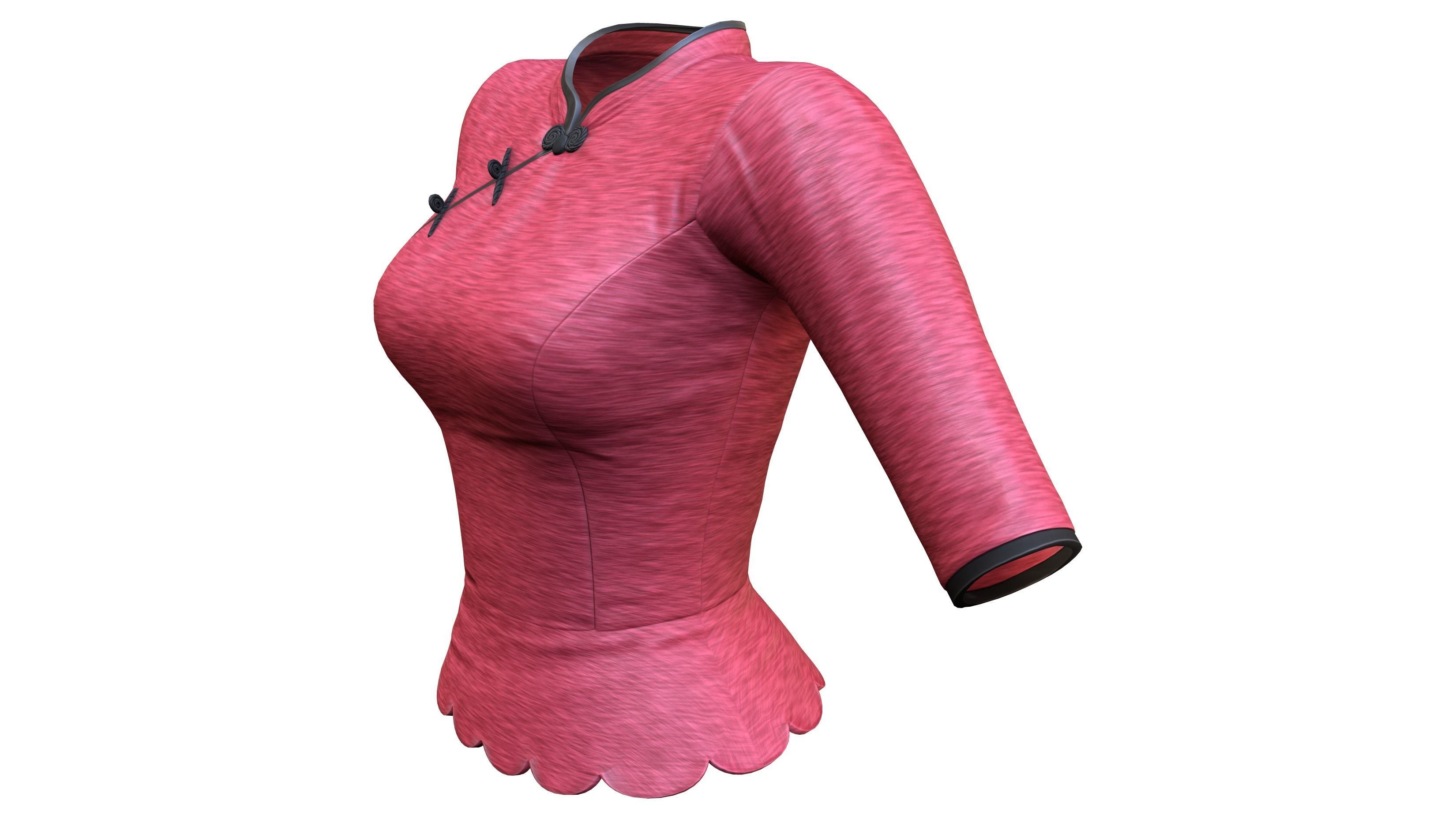 Scallops Bottom Red Asian Female Top Low-poly 3D model_2