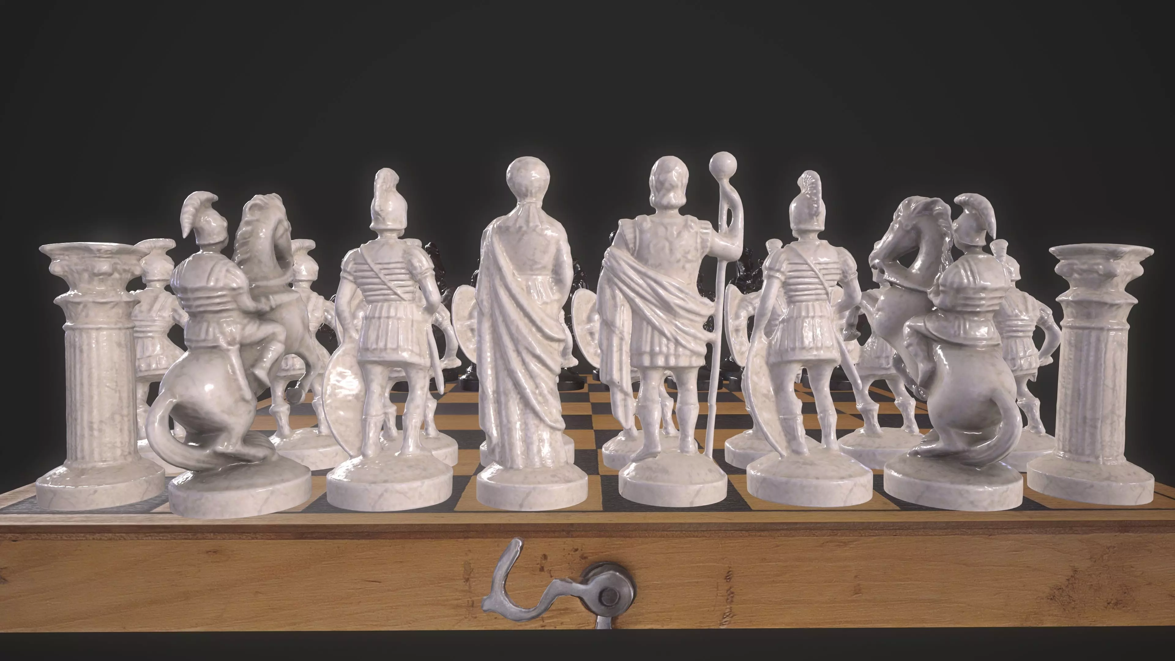 Chess set wooden board with checkers Low-poly 3D model_0