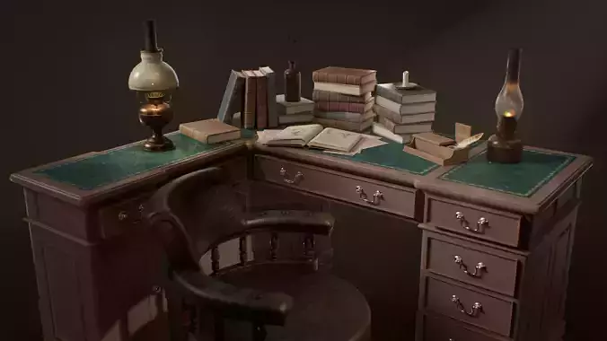Victorian Desk with Props - PBR Game Ready Low-poly 3D model
