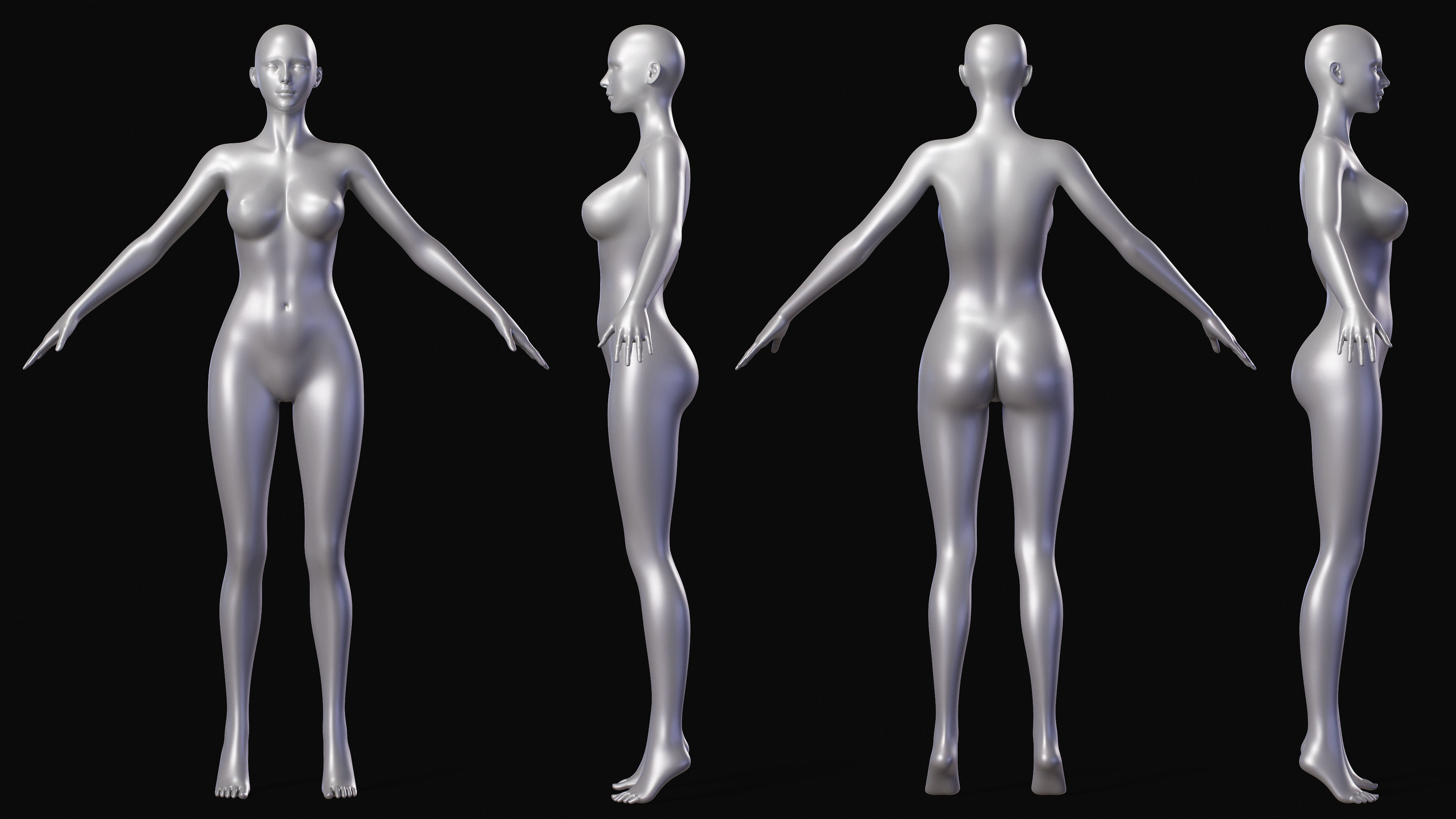 Realistic Female Body Base Mesh Low-poly 3D model_3