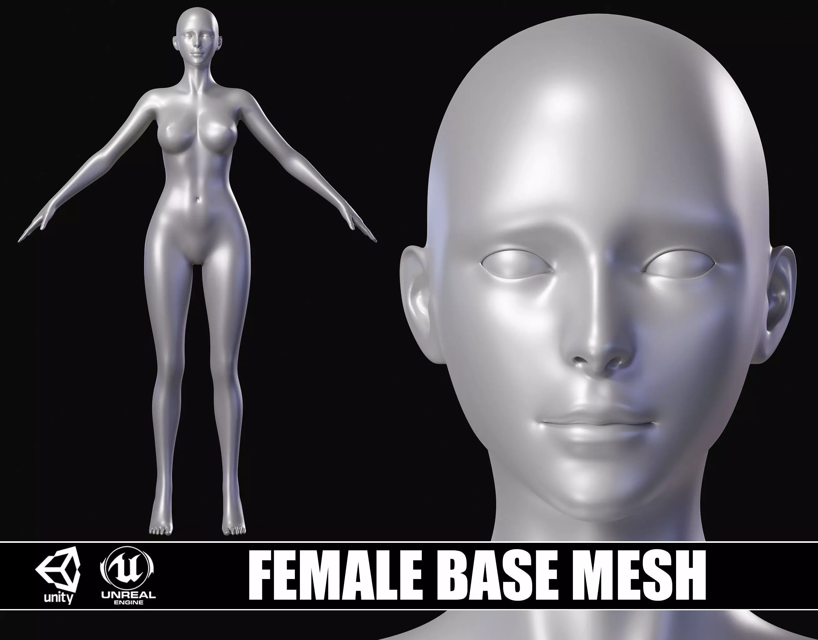 Realistic Female Body Base Mesh Low-poly 3D model_0