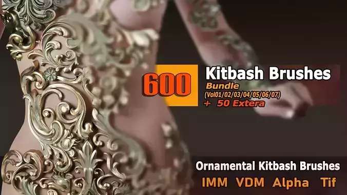 600 Ornamental Kitbash BRUSHES IMM VDM Brush MEGA Pack Low-poly 3D model