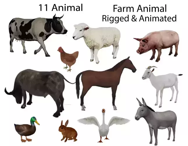 11 Farm - Domestic Animal Models Pack Low-poly  Low-poly 3D model