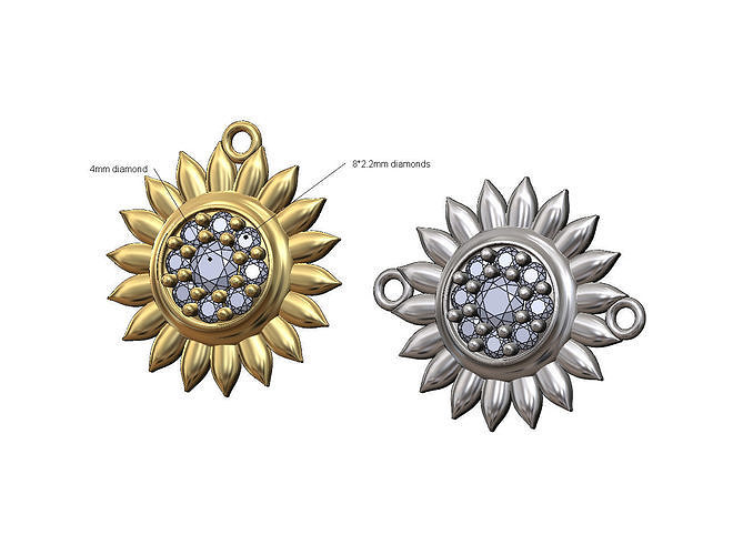 Sun flower diamond cluster pendant bail and bracelet charm 3D print model
