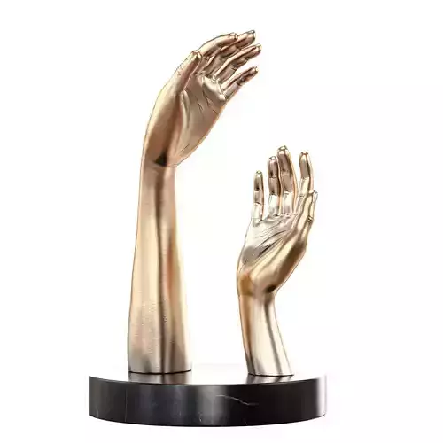 Two decorative hands on a round stand