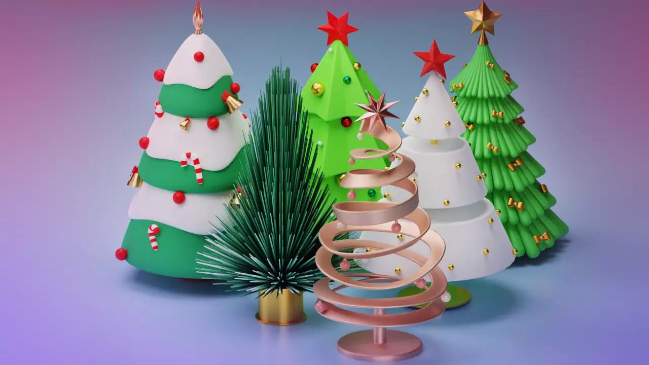 6 Christmas New Year Trees 3D Model Low-poly 3D model_0