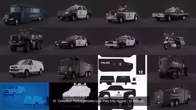 10  Collection Police vehicles Low-Poly fully rigged 