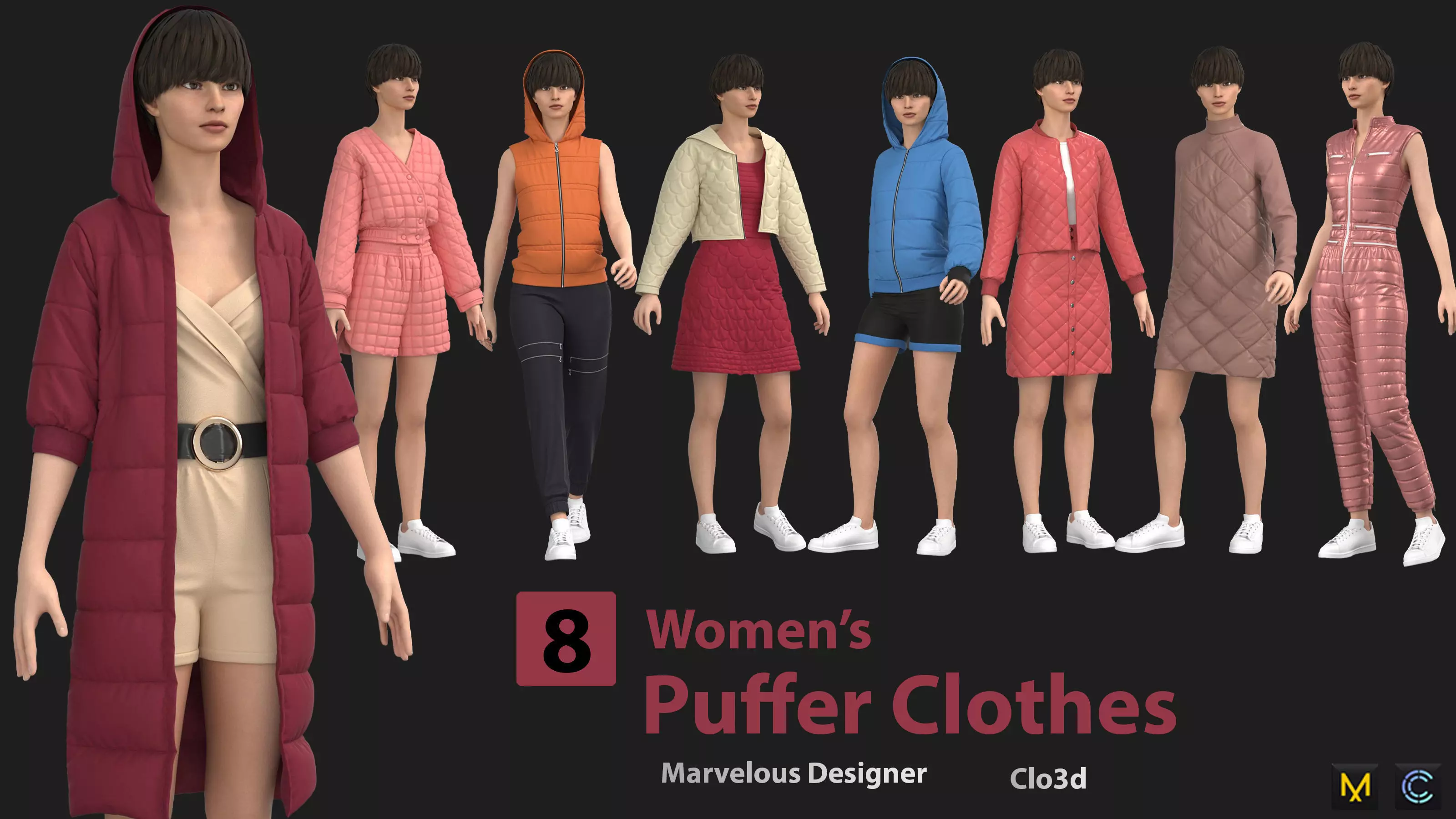 8 Women Puffer Clothes 3D model_0
