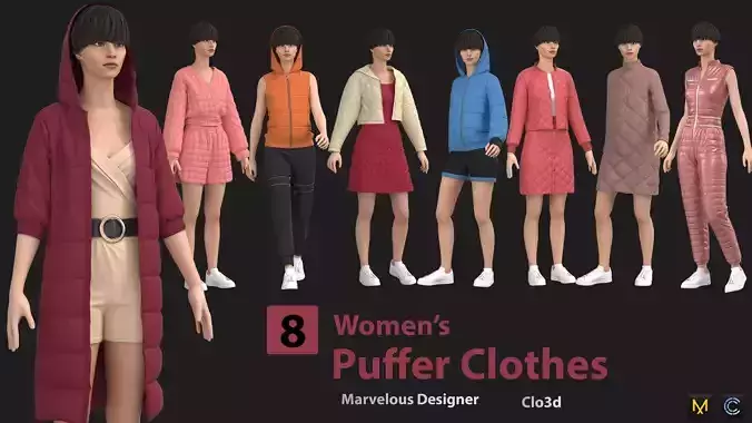 8 Women Puffer Clothes 3D model