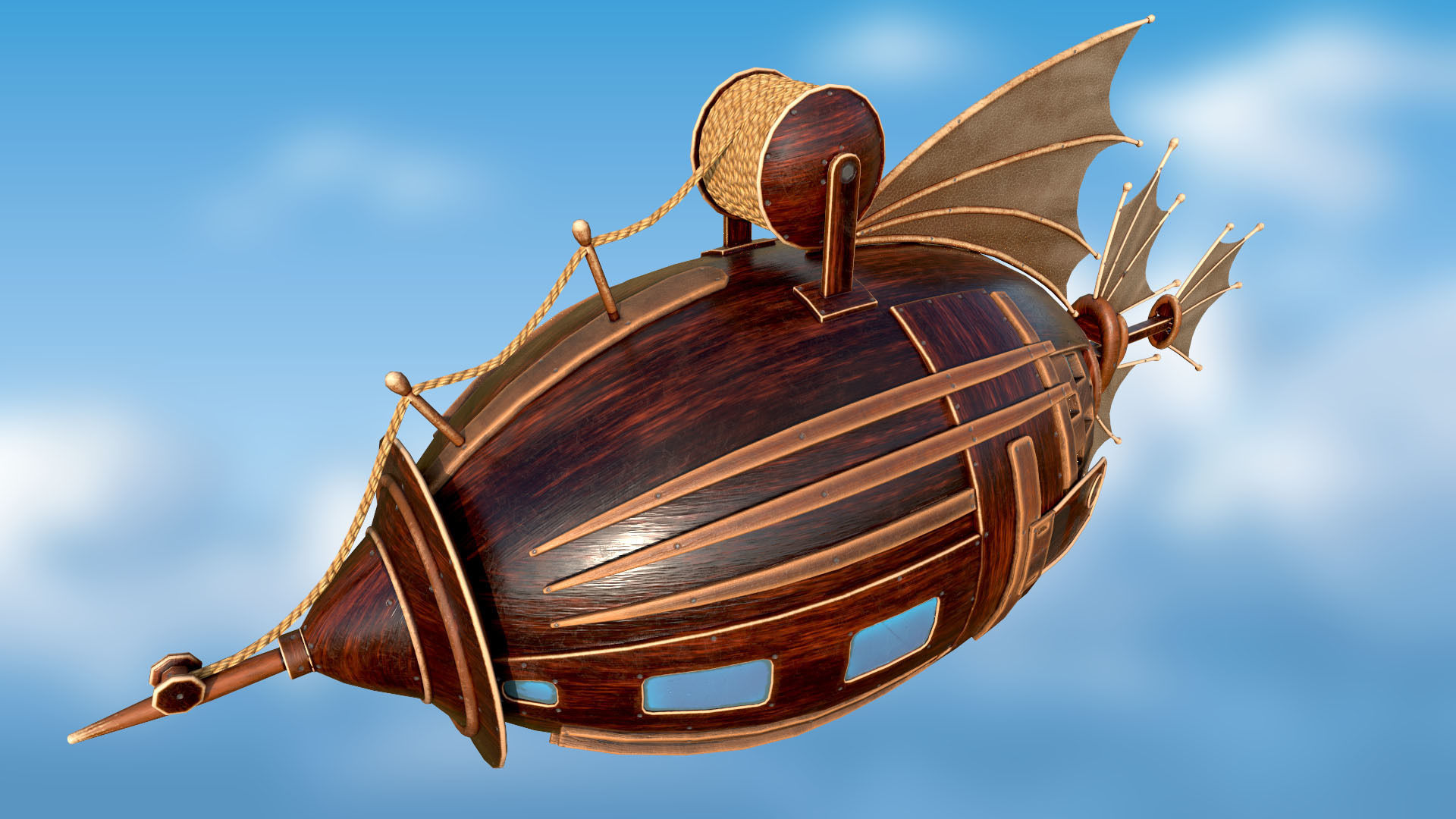 Airship PBR game ready steampunk ship flying in sky Low-poly 3D model_2